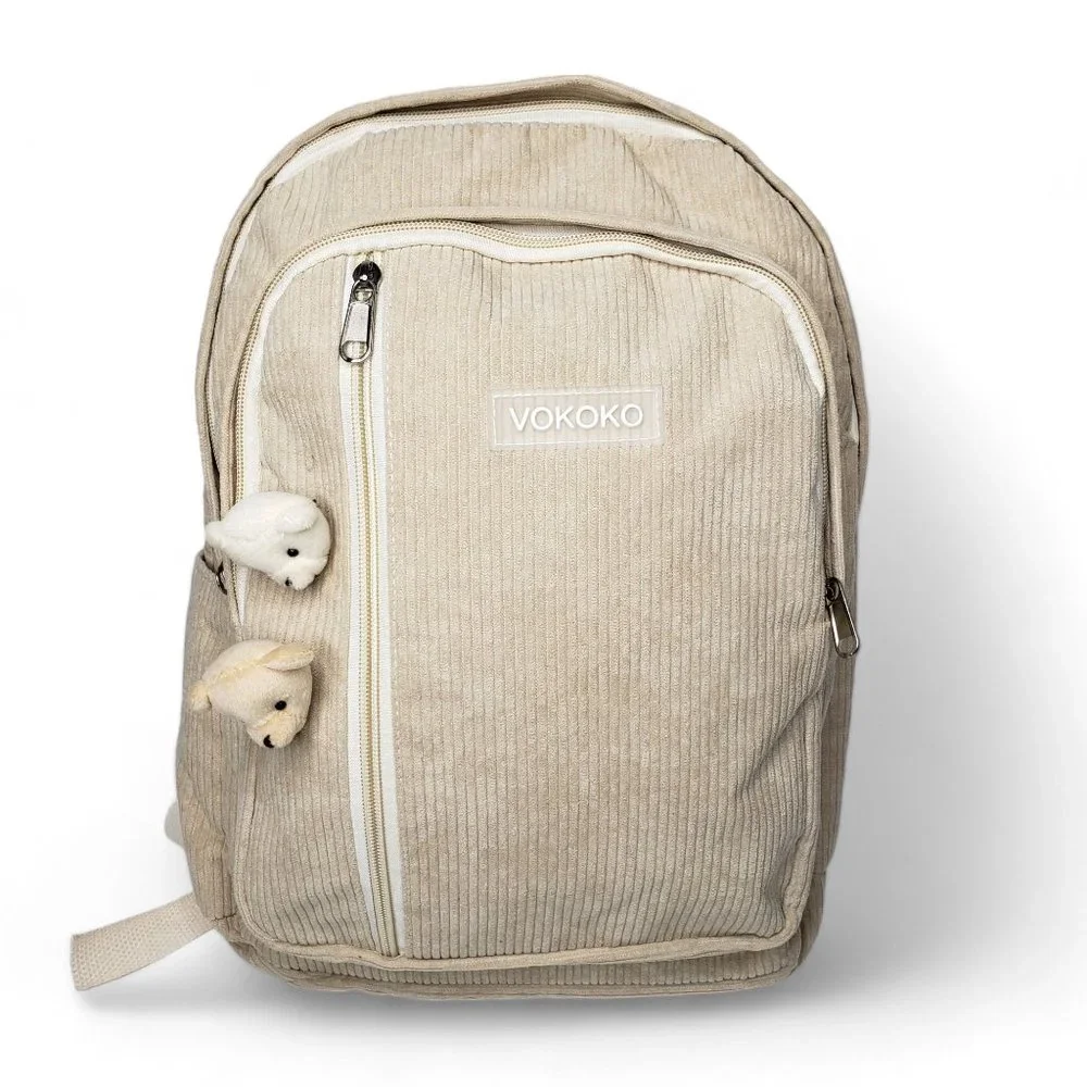 Vokoko Youth Corduroy Backpack with Bear Trinkets